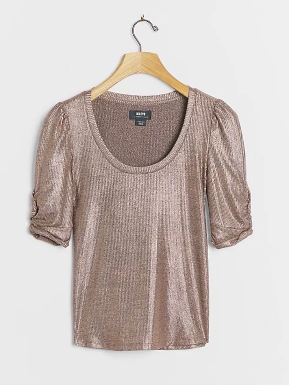 Anthropologie Pilcro Lexi Shimmer Metallic Taupe Puff-Sleeve Scoop Neck SZ XS